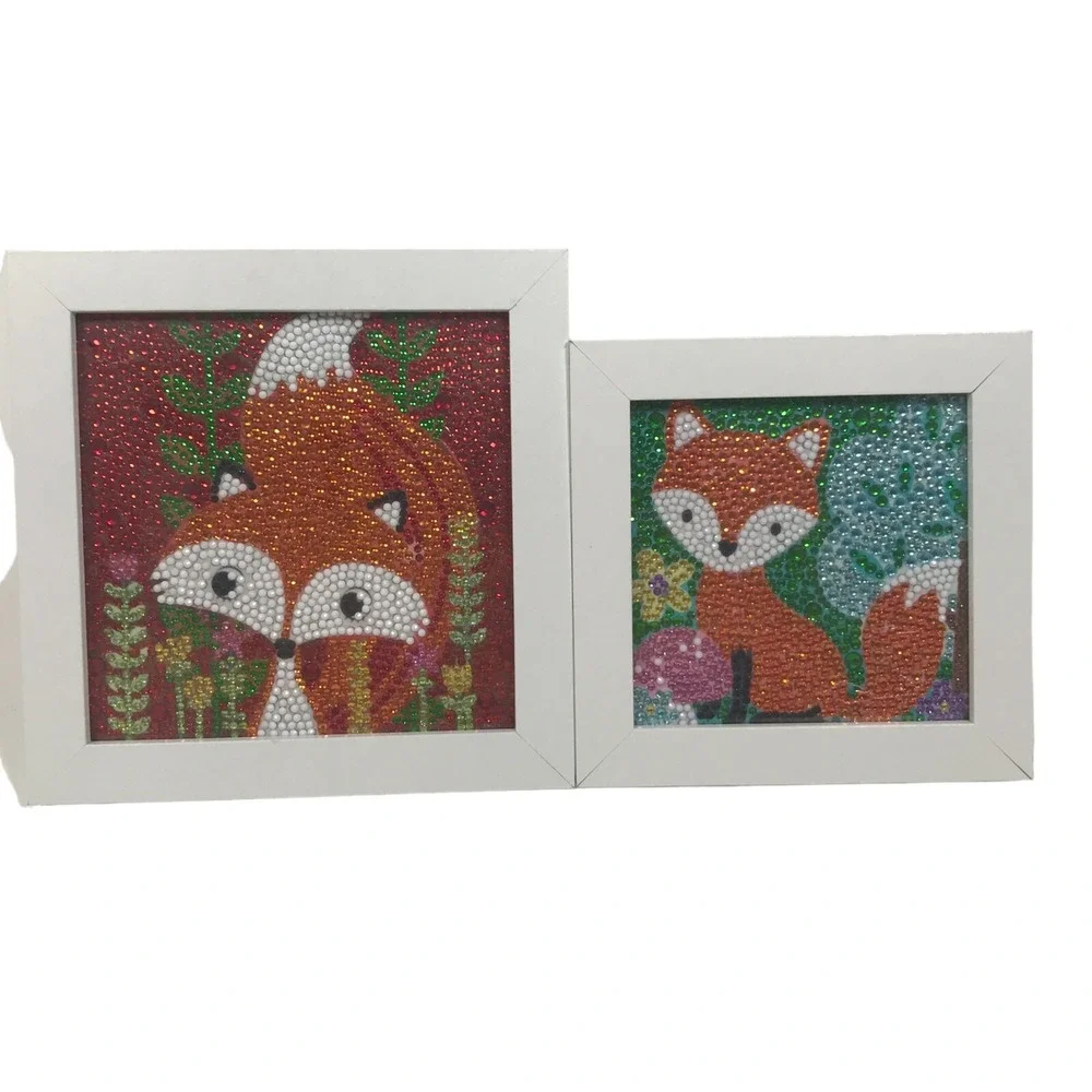 Set of 2 Fox Diamond Painting Framed Wall Art Woodland Nursery Decor Handmade